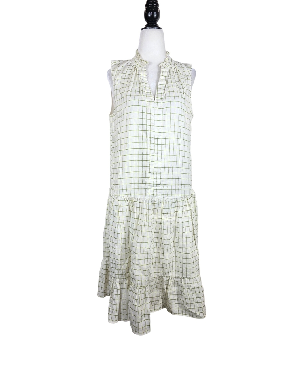 Hudson North Linen V neck tiered Midi Dress with lime green Windowpane Check
